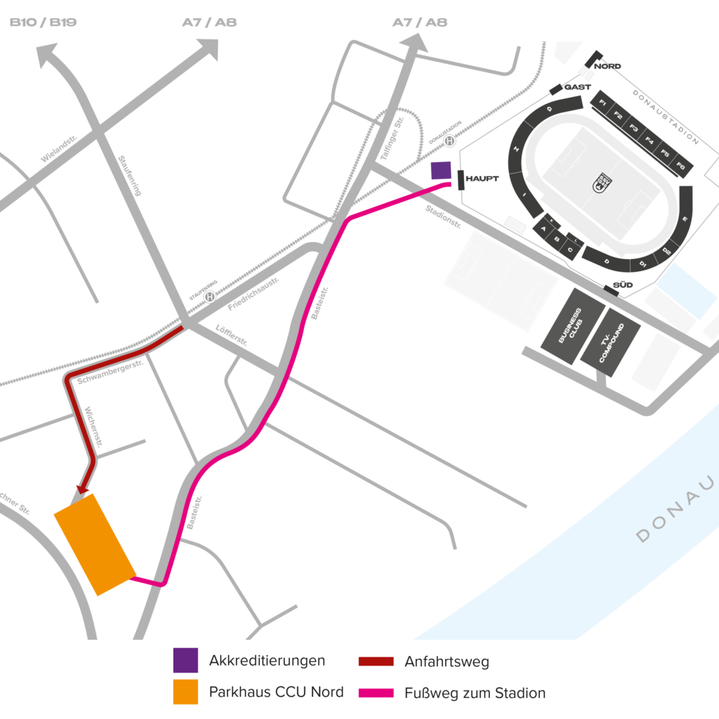 Die Anfahrtsskizze vom VIP-Parkhaus CCU-Nord in der Wichernstraße über die Schwambergerstraße sowie der Fußweg zum Stadion über die Basteistraße und die Stadionstraße zum Haupteingang des Donaustadions